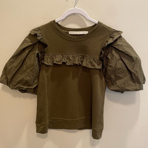 Marie Oliver Pima Cotton Mixed Media Blouse Puff Sleeves & Ruffles Army Green XS - Picture 1 of 5
